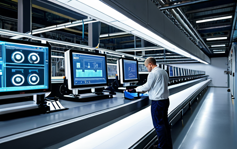 **
"Smart factory interior. Robots working on assembly line, illuminated by modern lighting. Data dashboards displaying real-time analytics visible in the background. Emphasize clean, efficient, and high-tech environment. Focus on precision and automation. Possibly show a technician monitoring the process on a tablet."
**