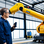 A professional engineer, fully clothed in modest work attire and safety gear, observing a sleek, advanced industrial robotic arm performing precision assembly on a well-lit, modern factory floor. The environment is clean and organized, showcasing high efficiency. The robot is seamlessly integrated into the production line with other machinery. The scene emphasizes technological progress and improved productivity. Perfect anatomy, correct proportions, natural pose, well-formed hands, proper finger count, natural body proportions, professional photography, high quality, realistic, safe for work, appropriate content, fully clothed, professional, family-friendly.