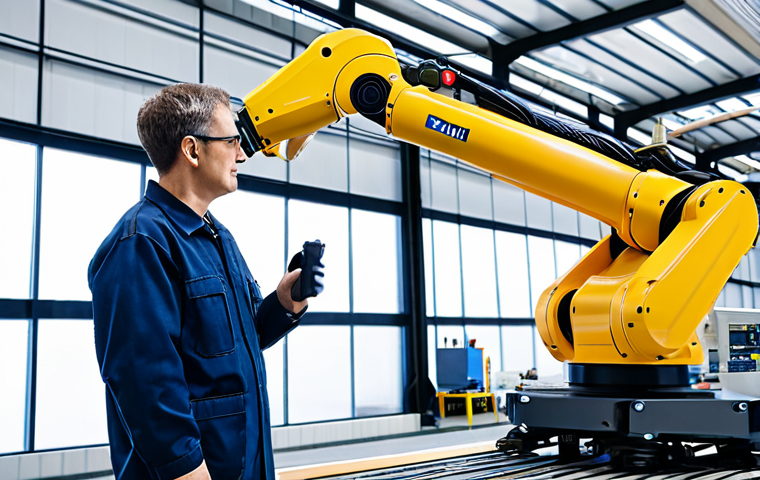 A professional engineer, fully clothed in modest work attire and safety gear, observing a sleek, advanced industrial robotic arm performing precision assembly on a well-lit, modern factory floor. The environment is clean and organized, showcasing high efficiency. The robot is seamlessly integrated into the production line with other machinery. The scene emphasizes technological progress and improved productivity. Perfect anatomy, correct proportions, natural pose, well-formed hands, proper finger count, natural body proportions, professional photography, high quality, realistic, safe for work, appropriate content, fully clothed, professional, family-friendly.
