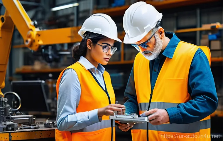 공장자동화 유지보수 직무 일상 - **Prompt:** "A highly detailed, realistic image of a modern, clean factory floor at twilight. In the...