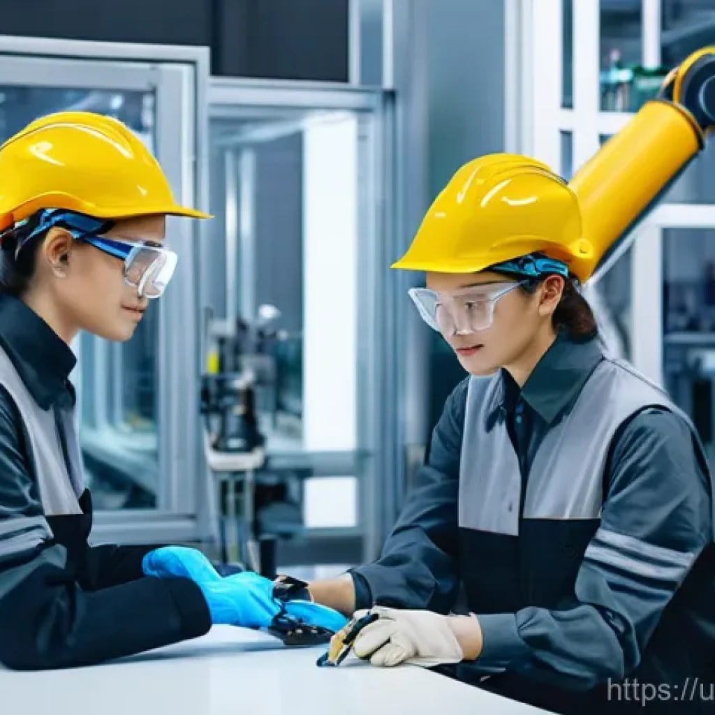 산업용 로봇 프로그래밍 입문 - **Prompt 1: Human-Cobot Collaborative Assembly**
    "A clean, brightly lit modern factory floor. In...