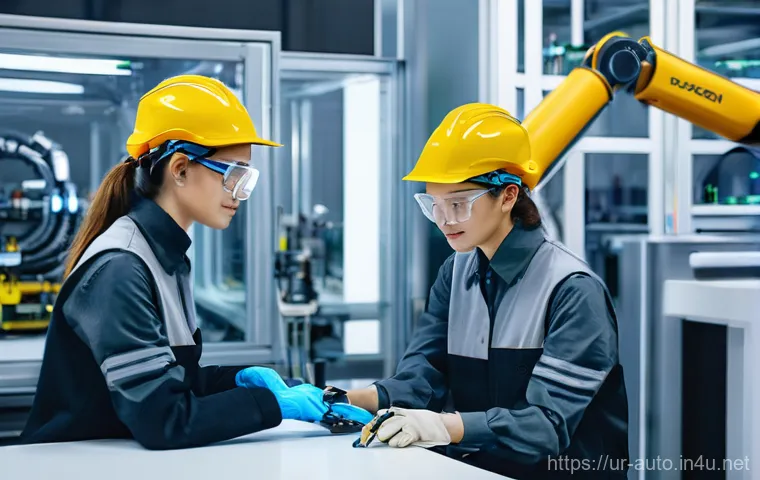 산업용 로봇 프로그래밍 입문 - **Prompt 1: Human-Cobot Collaborative Assembly**
    "A clean, brightly lit modern factory floor. In...