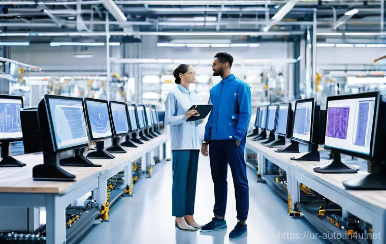 공장자동화 엔지니어 이직 준비 - **Prompt:** A diverse group of professional factory automation engineers, both male and female, in c...