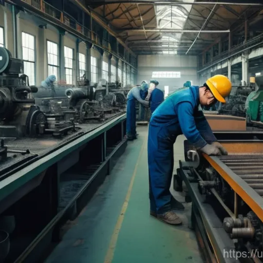 스마트 팩토리와 생산성 향상 - A bustling traditional factory floor, filled with older, robust machinery operated by skilled worker...