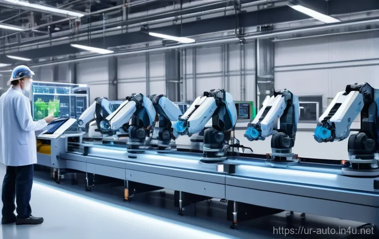 스마트 팩토리와 생산성 향상 - A bustling traditional factory floor, filled with older, robust machinery operated by skilled worker...