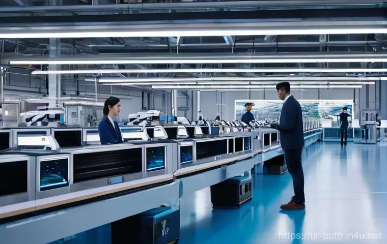 스마트 팩토리와 생산성 향상 - A sleek and modern smart factory, featuring advanced, automated robotic arms precisely assembling pr...