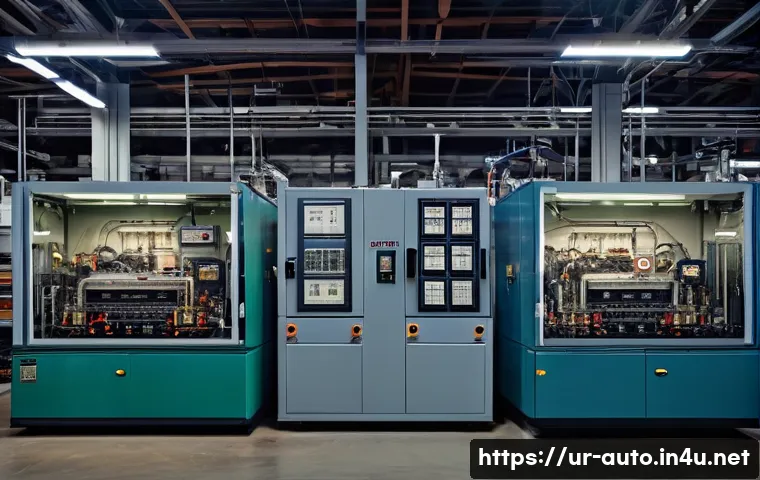 공장자동화 기사 필기 기출 문제 - **Prompt:** "A contrasting split image illustrating the evolution of factory automation. On the left...