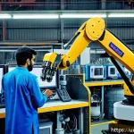 Home 22 산업용 로봇 유지보수 절차 - A highly detailed industrial factory scene set in Pakistan, showcasing a modern robotic arm undergoi...