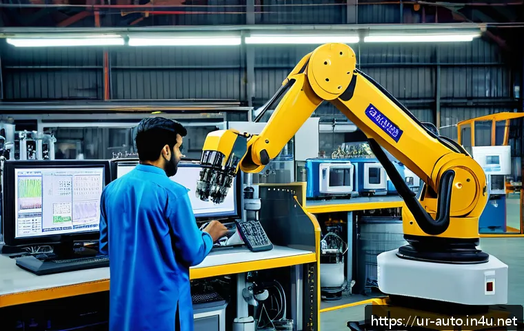 산업용 로봇 유지보수 절차 - A highly detailed industrial factory scene set in Pakistan, showcasing a modern robotic arm undergoi...