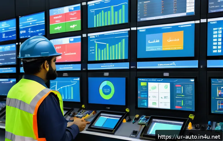 공장자동화 유지보수 비용 절감 - A modern factory maintenance control room featuring engineers monitoring multiple digital screens di...