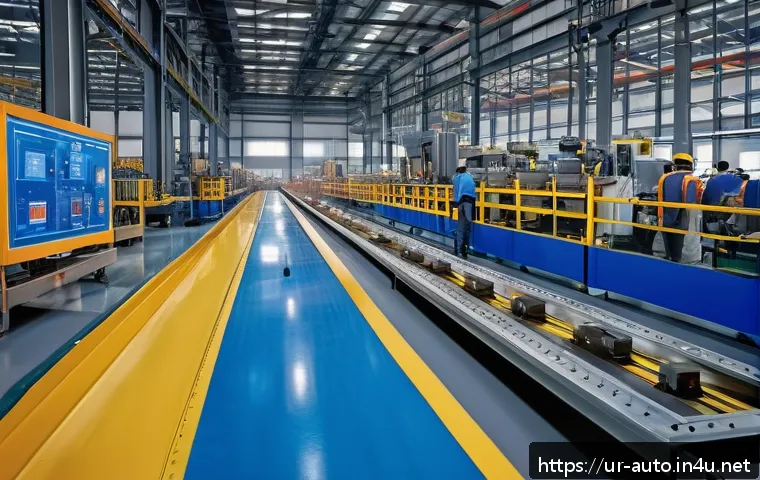 자동화 설비에 적합한 센서 선택 - Detailed industrial factory setting showcasing a proximity sensor in action on an assembly line, det...