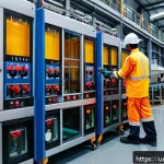 Home 23 공장자동화 설비의 사고 방지 대책 - A modern factory interior showcasing advanced safety sensors installed on heavy machinery, with visi...