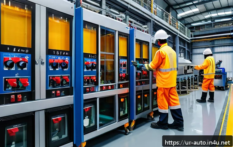 공장자동화 설비의 사고 방지 대책 - A modern factory interior showcasing advanced safety sensors installed on heavy machinery, with visi...