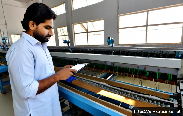자동화 설비와 스마트 센서 - Photorealistic modern textile workshop in Lahore, Pakistan, showing automated weaving equipment with...