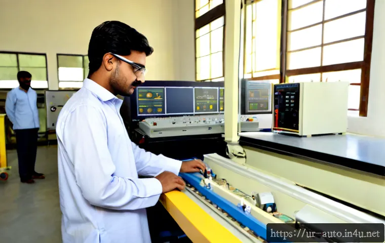 Home 13 공장자동화 실습장비 추천 - Photorealistic industrial automation training laboratory in a Pakistani technical college, a young a...